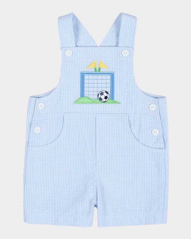Boy's Check-Prirnt Seersucker Shortall W/ Soccer Goal, Size 3M-24M
